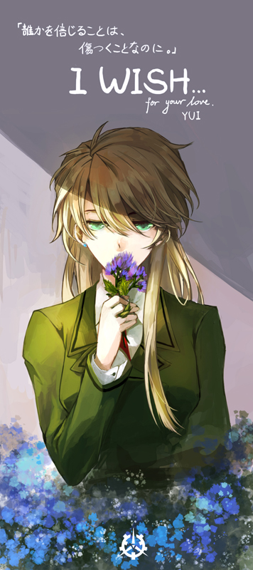 1990s_(style), 1girl, areazero, blonde_hair, earrings, english_text, female_focus, flower