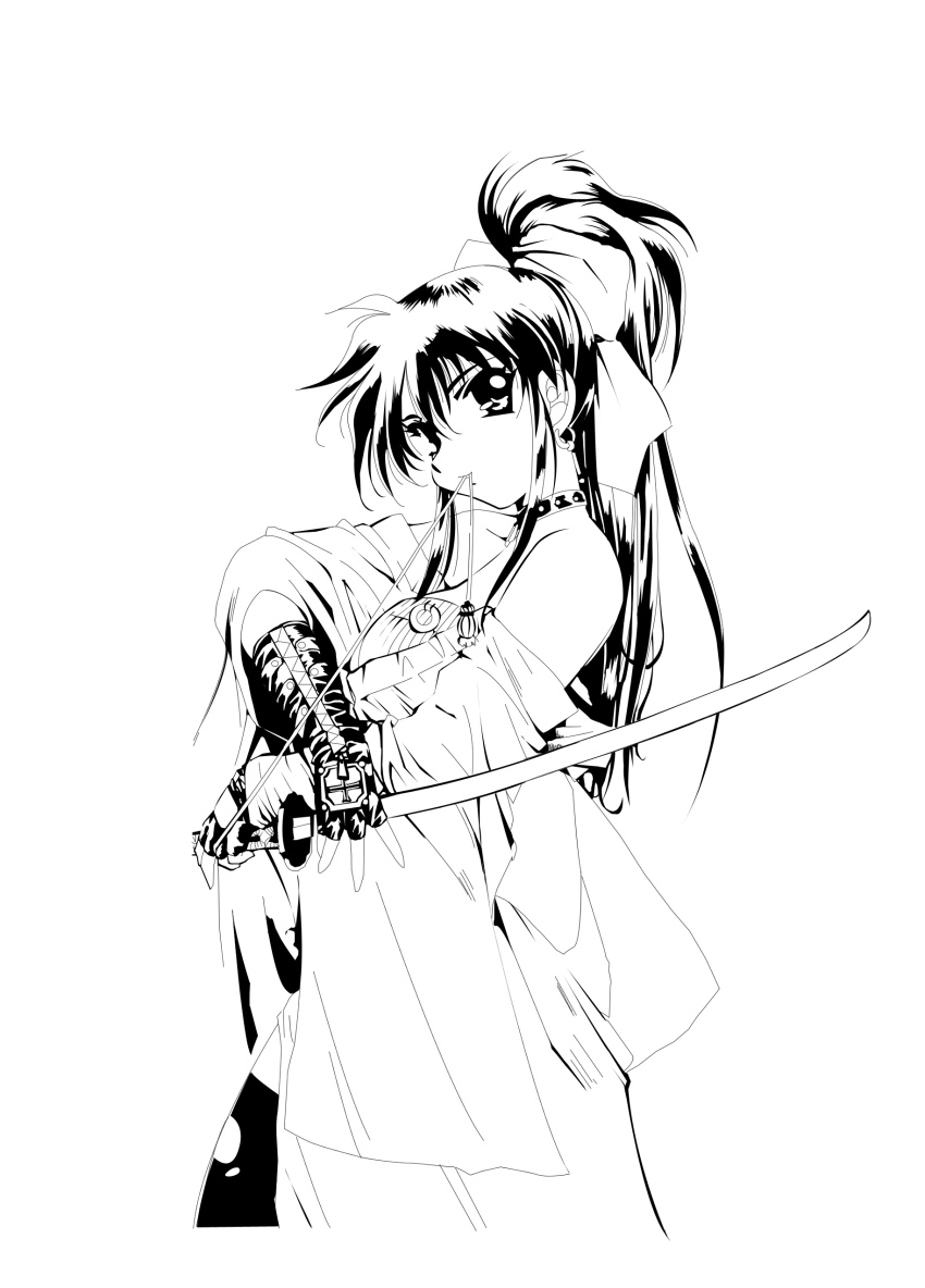 1girl, absurdres, andrea_poblete, bare_shoulders, bow, derivative_work, detached_sleeves, earrings, female_focus, fingerless_gloves, gloves, greyscale, hair_bow, highres, jewelry, katana, lace-up_gloves, long_hair, mitsurugi_ryouko, monochrome, mouth_hold, ponytail, real_bout_high_school, simple_background, solo, string_in_mouth, sword, tassel, thighhighs, torn_clothes, torn_thighhighs, vector_trace, weapon, white_background