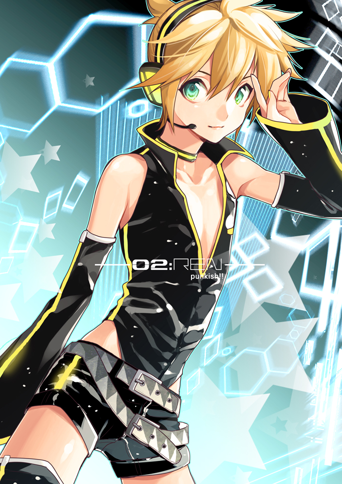 1boy, aqua_eyes, belt, blonde_hair, detached_sleeves, headphones, headset, highleg, highleg_leotard, kagamine_len, kagamine_len_(punkish), leotard, leotard_under_shorts, male_focus, potti-p, project_diva, project_diva_(series), project_diva_2nd, shirt, short_hair, smile, solo, vocaloid