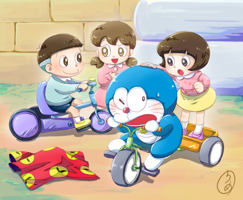 2boys, 2girls, blush, brown_eyes, brown_hair, doraemon, doraemon_(character), grass, hand_on_head, ito_tsubasa, kindergarten_uniform, light_rain_(artist), minamoto_shizuka, multiple_boys, multiple_girls, no_ears, nobi_nobita, open_mouth, outdoors, robot, shoes, short_hair, shorts, skirt, smile, socks, sweatdrop, toddler, tricycle, twintails, wall, wince, aged_down