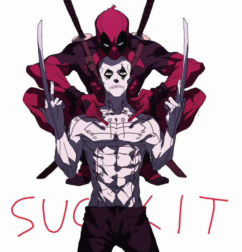 2boys, bodysuit, deadpool, deadpool_(series), dual_persona, english_text, image_sample, male_focus, marvel, mask, mayer, multiple_boys, pants, pixiv_sample, sword, weapon, weapon_xi, x-men_film_series, x-men_origins:_wolverine