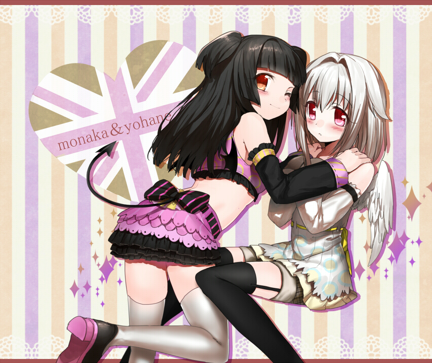 1boy, 1girl, androgynous, black_hair, black_thighhighs, blush, character_name, demon_tail, detached_sleeves, erubo, flower, garter_belt, garter_straps, hair_ornament, heart, long_hair, one_eye_closed, open_mouth, orange_eyes, original, red_eyes, shiokari_monaka, silver_hair, smile, sparkle, tail, thighhighs, trap, twintails, union_jack, white_thighhighs, white_wings, wings, wink, yohane_bonaventura
