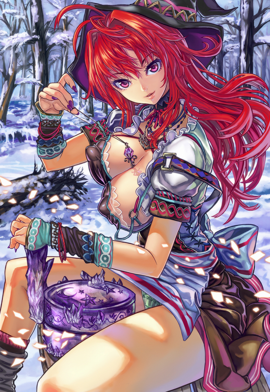 1girl, arm_warmers, bad_id, bad_pixiv_id, breasts, chikokuma, covered_erect_nipples, crescent, dress, female_focus, green_panties, hat, kalevala, large_breasts, lips, looking_at_viewer, louhi_(mythology), moeru!_jiten, moeru!_witch_jiten, nail_polish, original, panties, pink_eyes, red_hair, sitting, snow, solo, star_(symbol), tree, underwear, witch, witch_hat