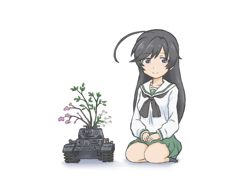 10s, 1girl, ahoge, black_eyes, black_hair, black_socks, blouse, blue_eyes, caterpillar_tracks, female_focus, girls_und_panzer, green_skirt, hands_on_lap, ikebana, isuzu_hana, kneeling, long_hair, long_sleeves, military, military_vehicle, miniskirt, motor_vehicle, neckerchief, no_shoes, oniyan, ooarai_school_uniform, panzer_iv, pleated_skirt, school_uniform, seiza, serafuku, shirt, simple_background, sitting, skirt, smile, socks, solo, tank, toy, vehicle, white_background, white_shirt
