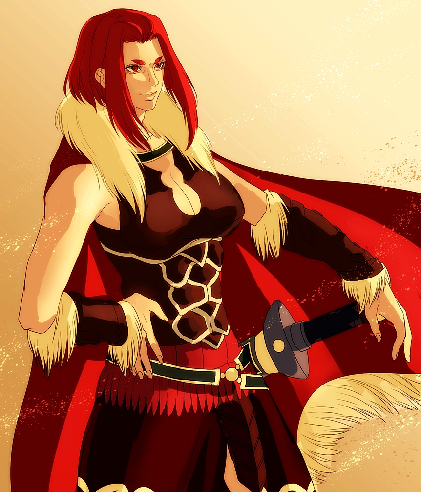 1girl, armor, bad_id, bad_pixiv_id, breasts, cape, cleavage, fate/zero, fate_(series), female_focus, gender_request, genderswap, hisakinin, iskandar_(fate), large_breasts, red_eyes, red_hair, sheath, sheathed, short_hair, sidelocks, solo, sword, weapon