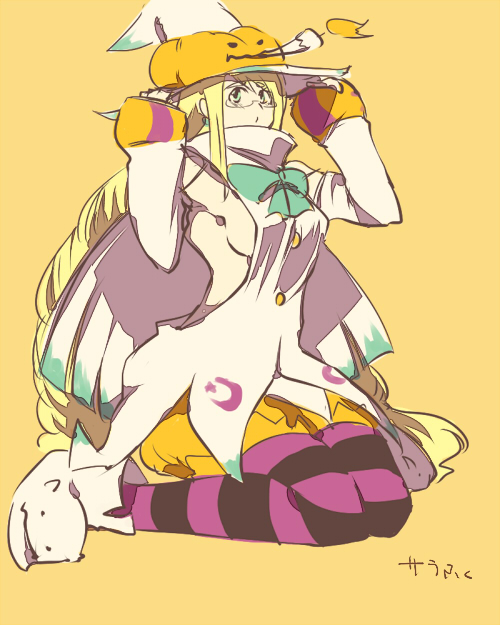 blonde_hair, breasts, coat, glasses, green_eyes, luminous_arc, luminous_arc_3, orange_background