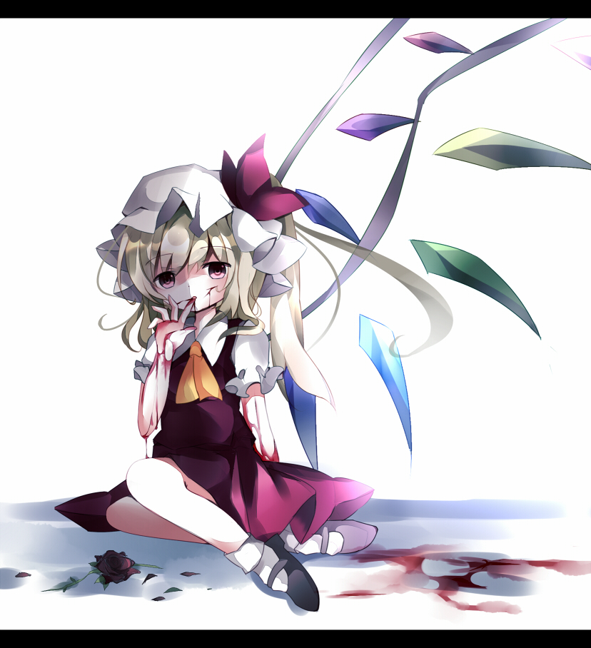 1girl, ascot, blonde_hair, blood, female_focus, finger_to_mouth, flandre_scarlet, hat