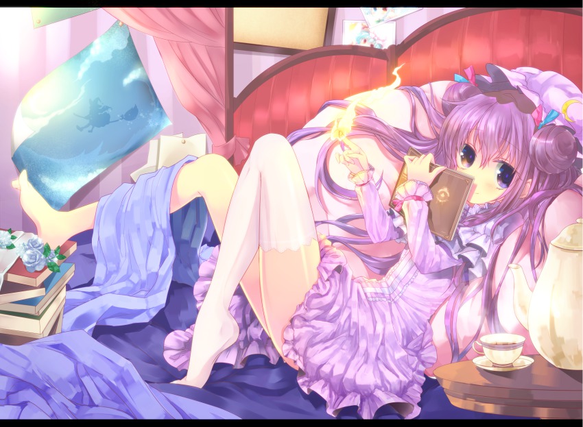 1girl, barefoot, bed, blush, book, crescent, cup, double_bun