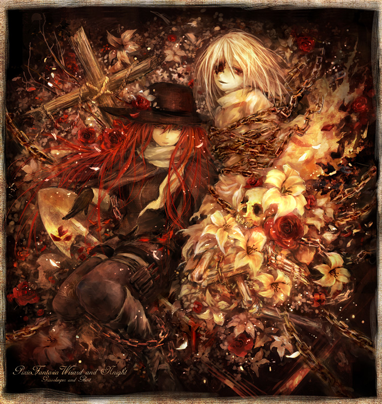 2girls, bad_id, bad_pixiv_id, chain, cross, flower, gloves, hat