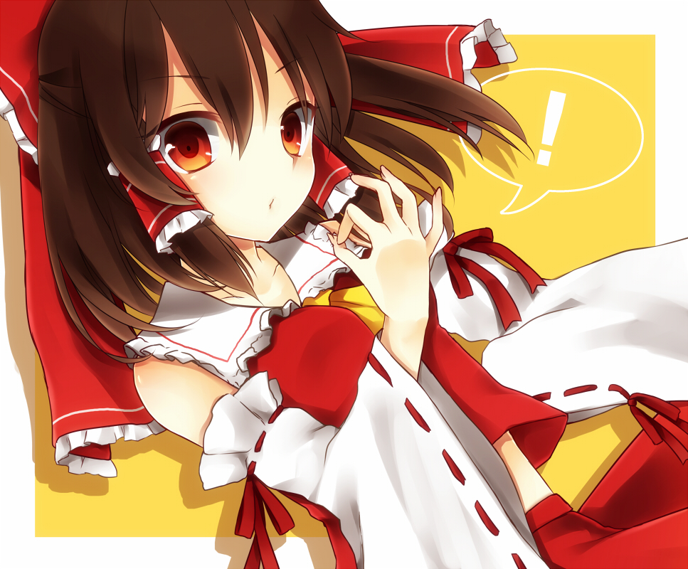!, 1girl, :o, ascot, bad_id, bad_pixiv_id, bow, brown_eyes, brown_hair, colorized, detached_sleeves, female_focus, hair_bow, hair_tubes, hakurei_reimu, hand_gesture, looking_at_viewer, midriff, money_gesture, purin_jiisan, ribbon, sae_(091688), shadow, short_hair, simple_background, skirt, solo, speech_bubble, spoken_exclamation_mark, touhou, wide_sleeves, yellow_ascot