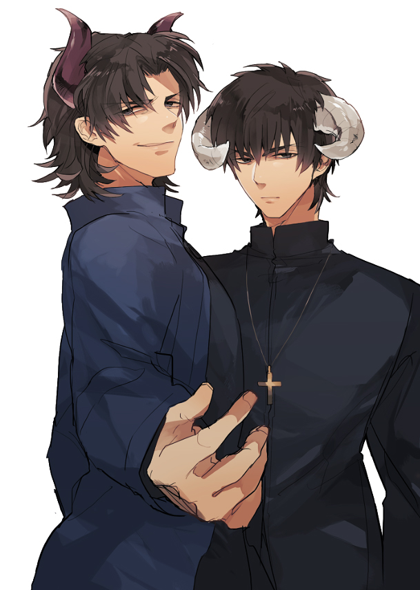 2boys, brown_eyes, brown_hair, cross, cross_necklace, dual_persona, fate/stay_night, fate/zero
