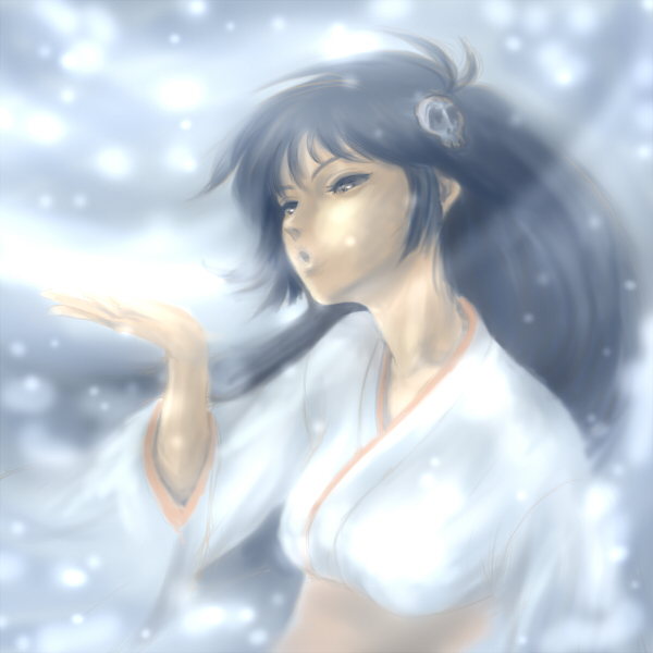 alternate_eye_color, alternate_hair_color, alternate_hairstyle, battan, blowing, brown_eyes, brown_hair, dororon_enma-kun, hair_ornament, hairclip, japanese_clothes, kimono, kwht, long_hair, snow, wind, yukiko_hime