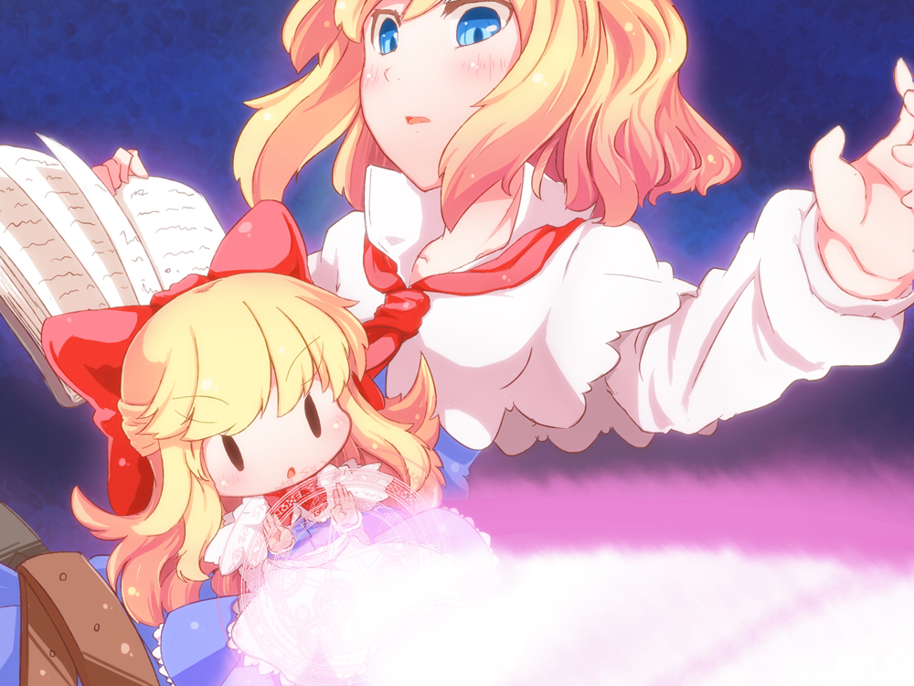 1girl, alice_margatroid, blonde_hair, blue_eyes, book, brown_hair, capelet, chibi