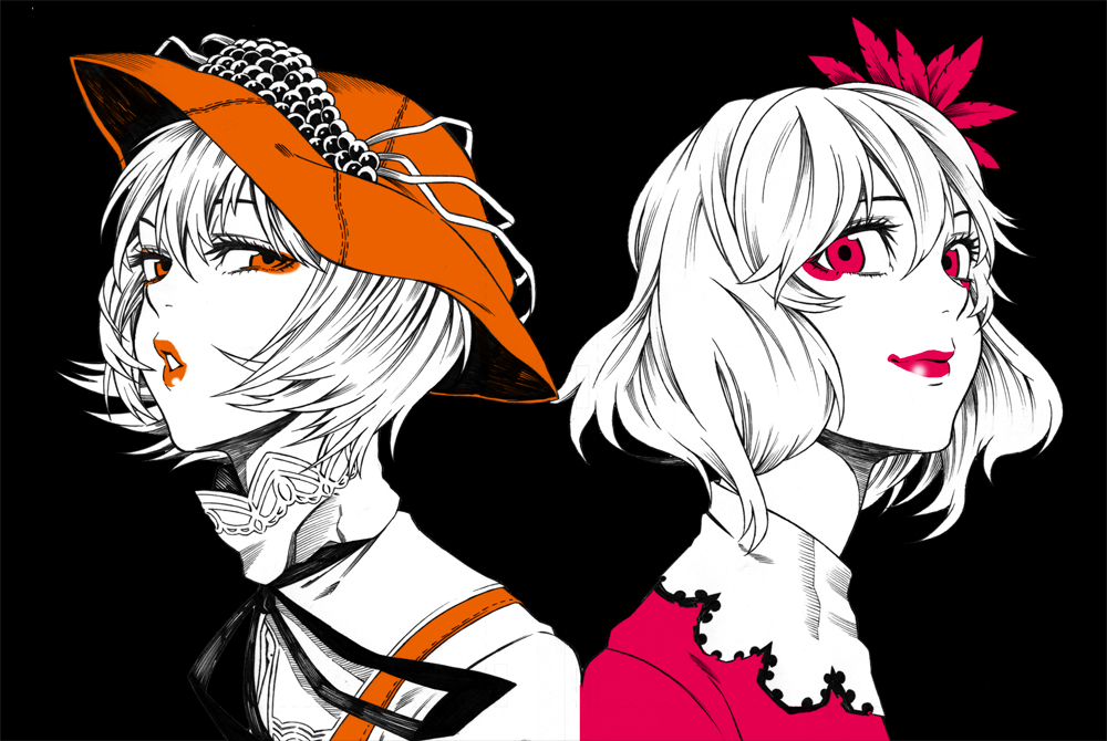 2girls, aki_minoriko, aki_shizuha, black_background, female_focus, hair_ornament, hat, iro_marimo