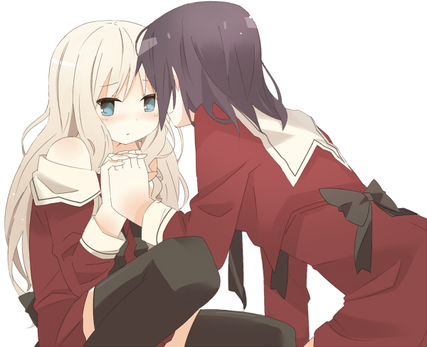 2girls, bad_id, bad_pixiv_id, bare_shoulders, black_hair, blonde_hair, blush, green_eyes, kawamura_reo, miya_(miyabi_24), multiple_girls, sawaguchi_mai, school_uniform, sono_hanabira_ni_kuchizuke_wo, thighhighs, yuri