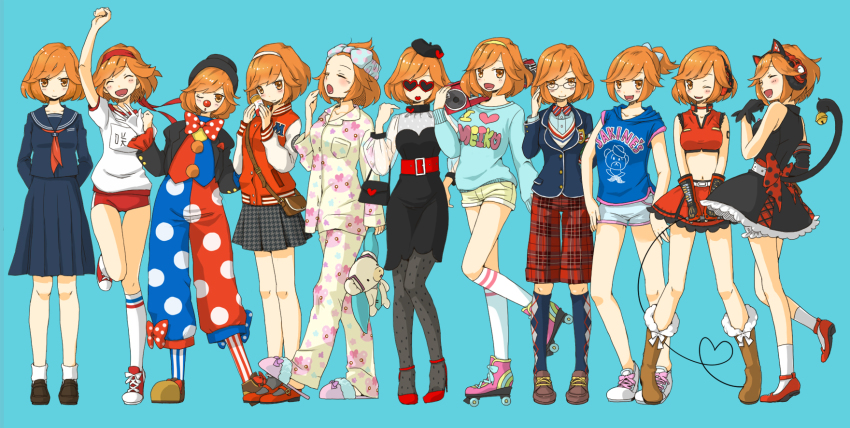 6+girls, aged_down, alternate_costume, alternate_hairstyle, animal_ears, anko_anko, bespectacled, boots