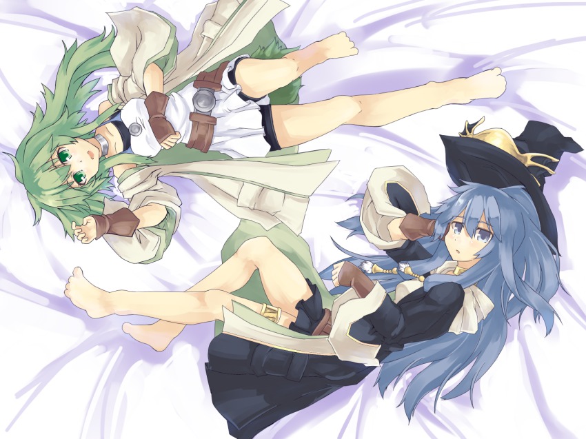 2girls, ariel_(yu-gi-oh!), barefoot, belt, blue_eyes, blue_hair, blush, coat