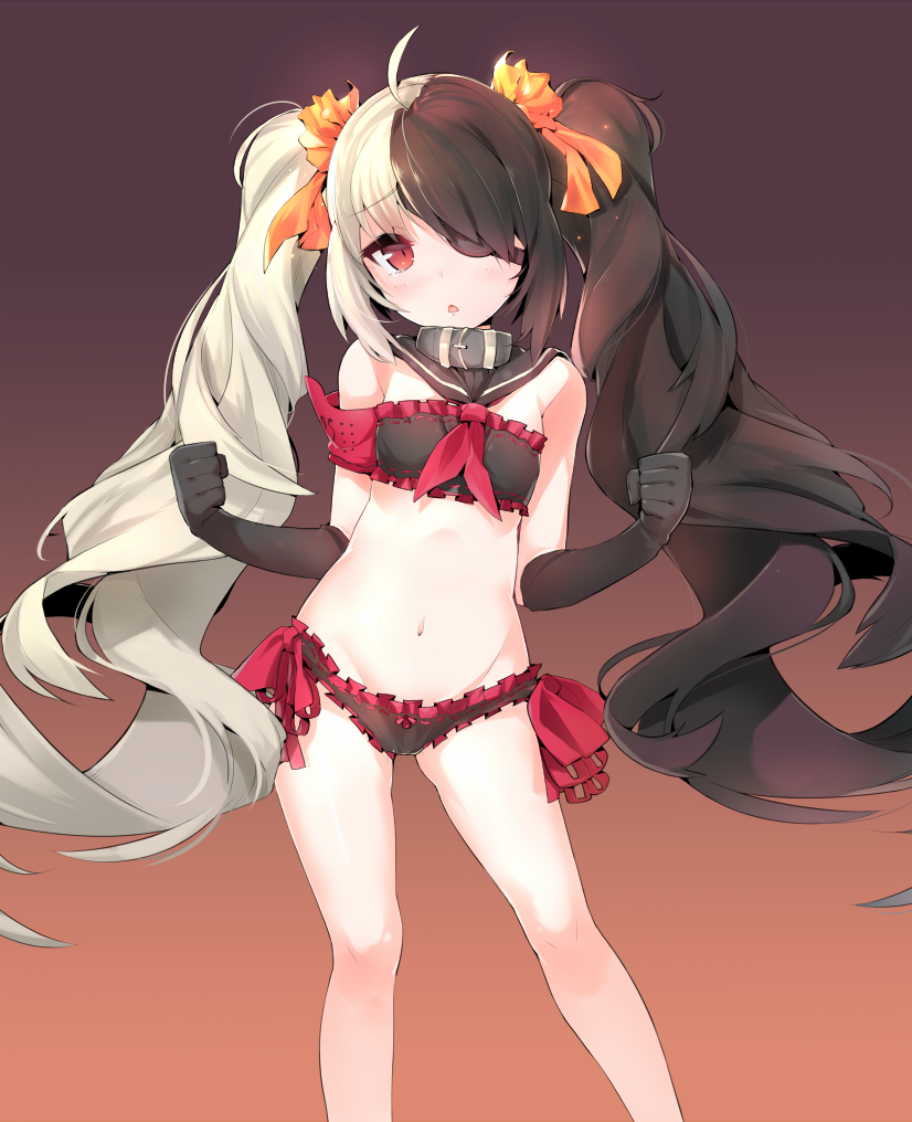 10s, 1girl, :o, ahoge, bad_id, bad_pixiv_id, black_bra, black_gloves