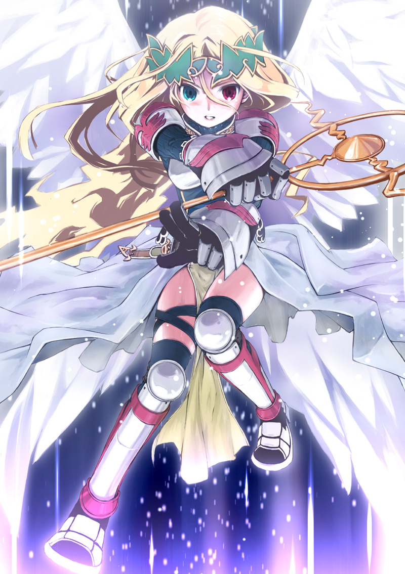 1girl, angel, armor, armored_dress, blonde_hair, blue_eyes, boots, dress, gauntlets, greaves, heterochromia, long_hair, misaki_sakura, ragnarok_online, red_eyes, sakura_misaki_(artist), sakura_misaki_(sakura_densetsu), staff, valkyrie, valkyrie_(ragnarok_online), wings