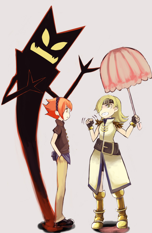 1girl, 2boys, annoyed, belt, bike_shorts, blonde_hair, boku_to_maou, boots