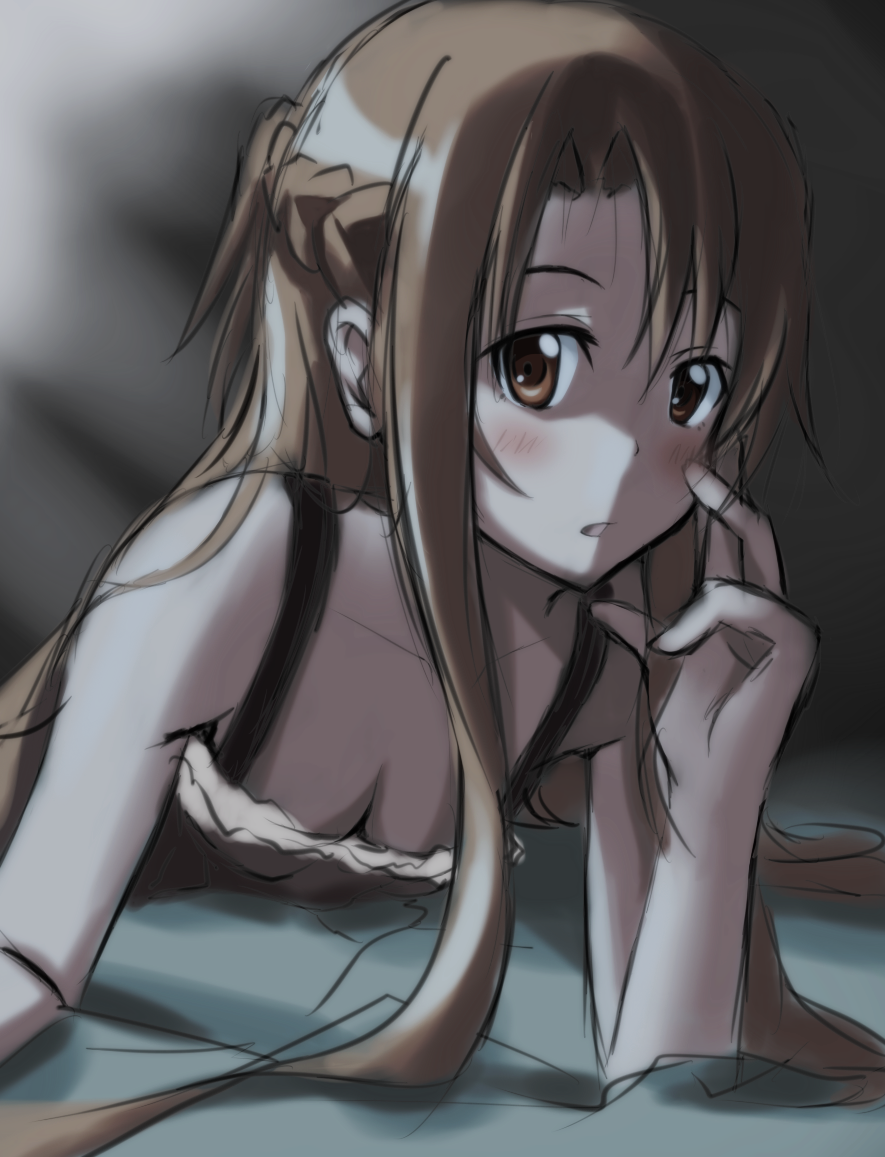 10s, 1girl, asuna_(sao), blush, breasts, brown_eyes, brown_hair, cleavage