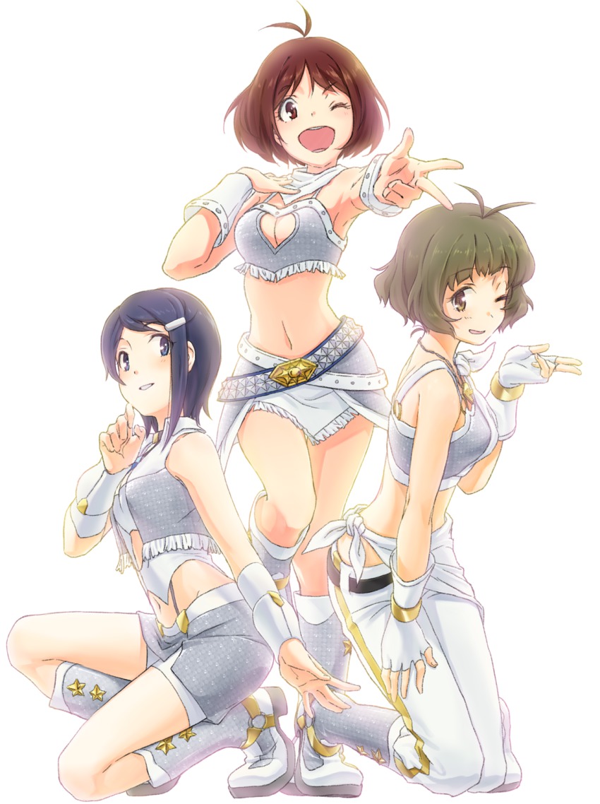 00s, 1boy, 2girls, akizuki_ryo, antenna_hair, bare_shoulders, blush, boots