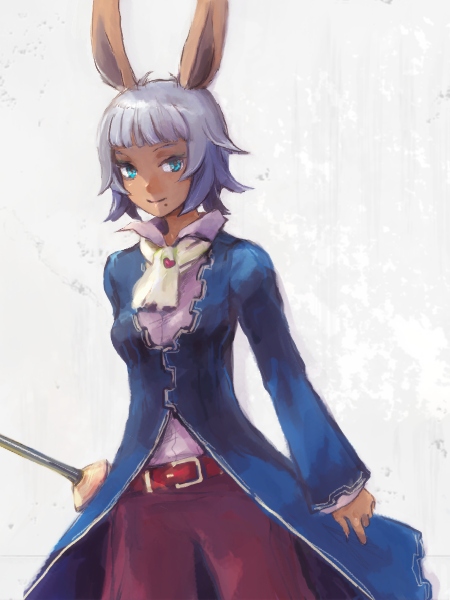1girl, animal_ears, blunt_bangs, female_focus, final_fantasy, final_fantasy_tactics_advance, kno_(anahita), mole, mole_under_mouth, rabbit_ears, short_hair, solo, sword, valentyne, viera, weapon