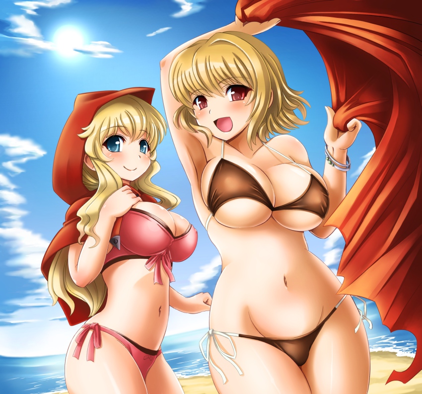2girls, bad_id, bad_pixiv_id, beach, bikini, blonde_hair, blue_eyes, breasts, highres, lancer_(red_stone), large_breasts, long_hair, magic_lancer_(red_stone), multiple_girls, red_eyes, red_stone, shin'en_(gyokuro_company), short_hair, smile, swimsuit, tamer_(red_stone)