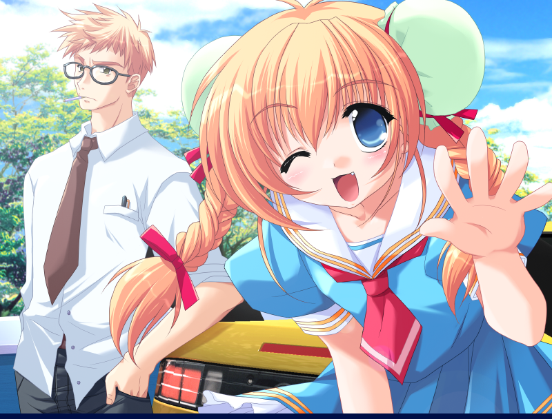 1boy, 1girl, blonde_hair, blue_eyes, blush, downhill_night, emily_(pure_dream), fang