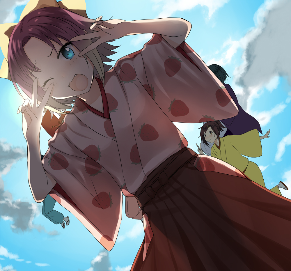 3u, 6+girls, anrakutei_kukuru, bad_id, bad_pixiv_id, bouhatei_tetora, bow, buratei_marii, fang, food_print, from_below, fruit_print, gradient_hair, hair_bow, hakama, hakama_skirt, haroukitei_kigurumi, japanese_clothes, joshiraku, kimono, kuurubiyuutei_gankyou, looking_at_viewer, multicolored_hair, multiple_girls, open_mouth, purple_hair, short_hair, skirt, smile, strawberry_print, uzattei_uzannu