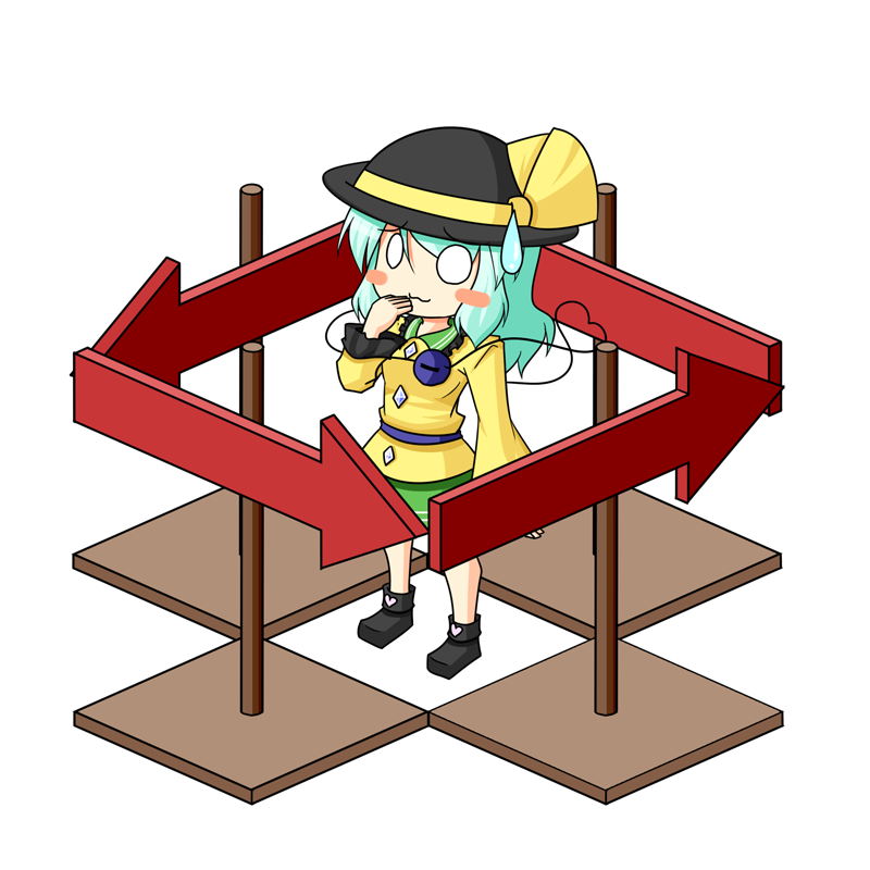 1girl, :3, arrow_(symbol), blush_stickers, female_focus, gameplay_mechanics, hat, heart, heart_of_string, komeiji_koishi, komeiji_satori_no_jousou_kyouiku, o_o, solo, sweatdrop, third_eye, touhou, urushi, white_background