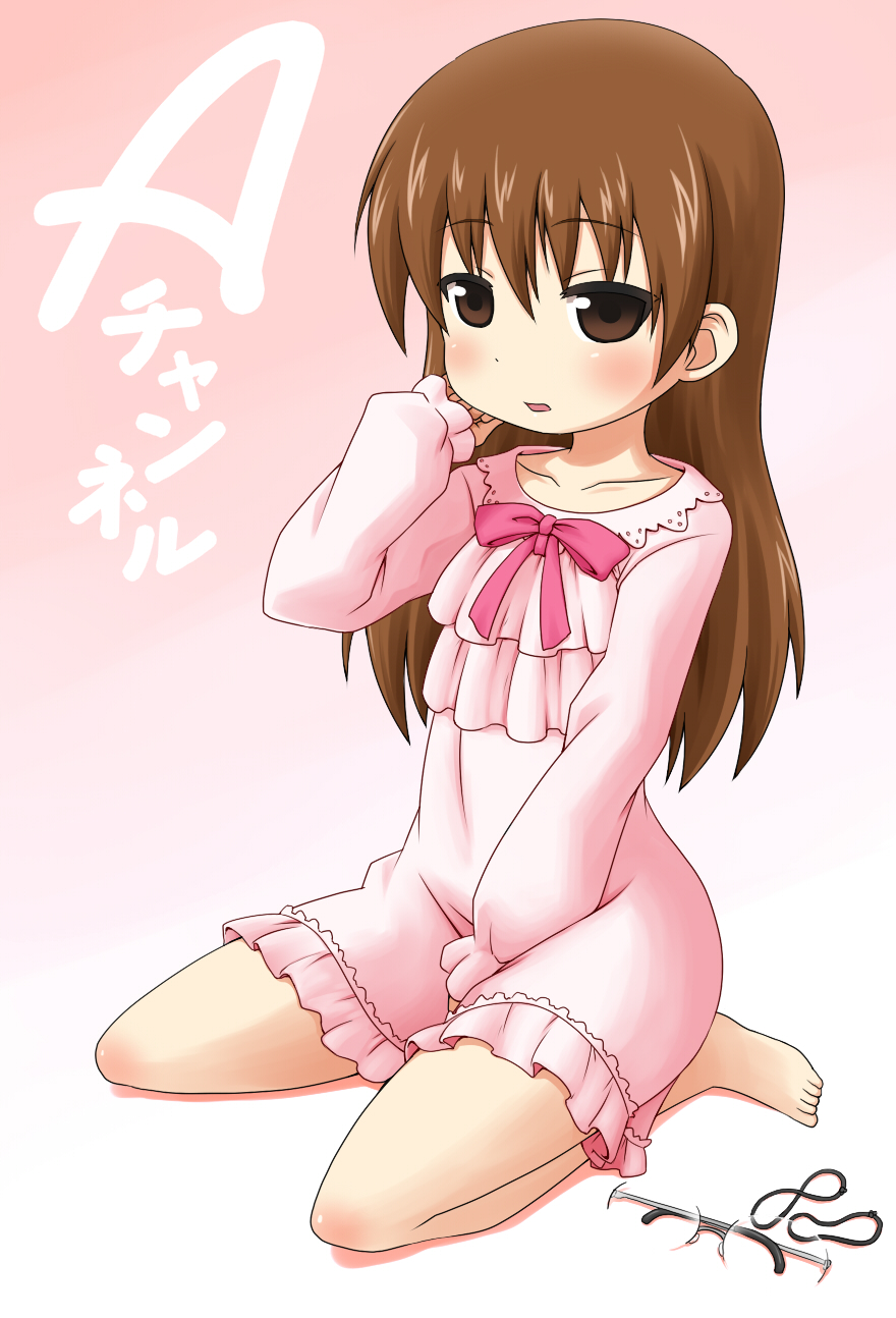 1girl, a_channel, alternate_hairstyle, barefoot, blush, brown_eyes, brown_hair, female_focus, glasses, goriate, hair_down, highres, long_hair, nagi_(a_channel), nightgown, sitting, solo, tennouji_nagisa, unworn_eyewear, wariza