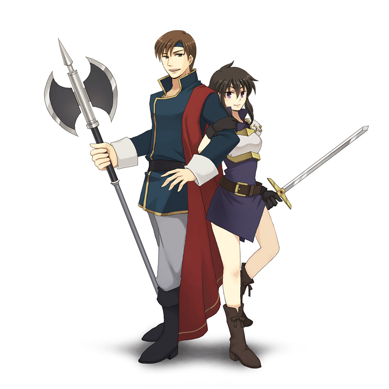 1boy, 1girl, armor, axe, black_hair, boots, fire_emblem, fire_emblem:_genealogy_of_the_holy_war