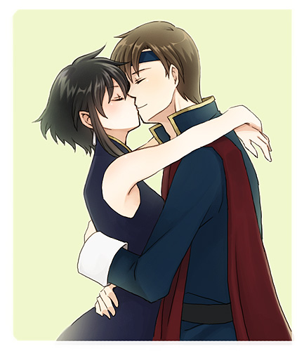 1boy, 1girl, black_hair, blush, couple, dress, closed_eyes, fire_emblem