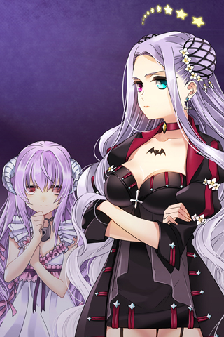 2girls, amrita_(sword_girls), arm_up, artist_request, bat_(animal), blue_eyes, breasts, choker