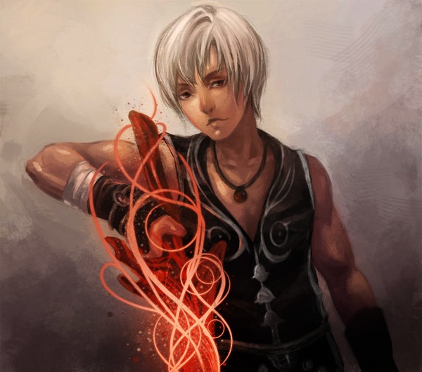 dragon_buster, fingerless_gloves, fire, game_console, gloves, jewelry, lloyd, looking_at_viewer, magic, male_focus, muscular, necklace, red_eyes, silver_hair, sword, the_legend_of_dragoon, weapon, wingly