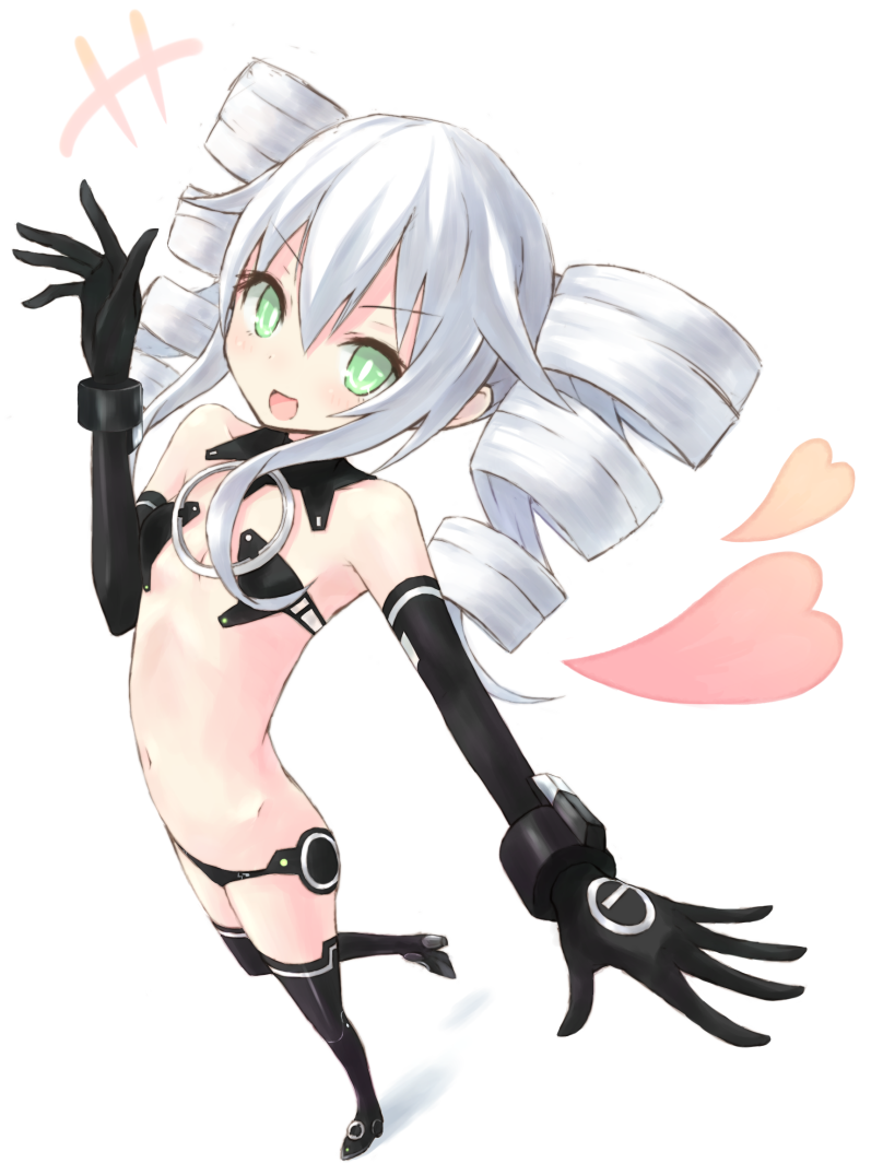 10s, 1girl, bad_id, bad_pixiv_id, black_sister, black_sister_(next-gen_cradle), buran_(kure), choujigen_game_neptune_mk2, drill_hair, female_focus, flat_chest, gloves, green_eyes, navel, neptune_(series), solo, thighhighs, twin_drills, uni_(neptunia), white_hair