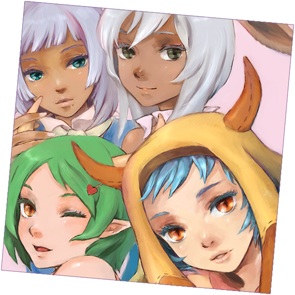 4girls, aluette, animal_ears, blue_eyes, blue_hair, rabbit_ears, dark_skin, dark-skinned_female, dragon_girl, dragon_horns, final_fantasy, final_fantasy_tactics_a2, final_fantasy_tactics_advance, green_hair, grey_eyes, gria, hood, horns, kno_(anahita), lili_(ffta2), lovely_voice, mayhew, monster_girl, multiple_girls, one_eye_closed, orange_eyes, pointy_ears, prima_donna, short_hair, silver_hair, smile, valentyne, viera, wink