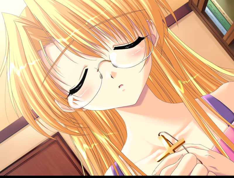 1girl, blonde_hair, closed_eyes, cross, downhill_night, emily_(pure_dream), female_focus, glasses