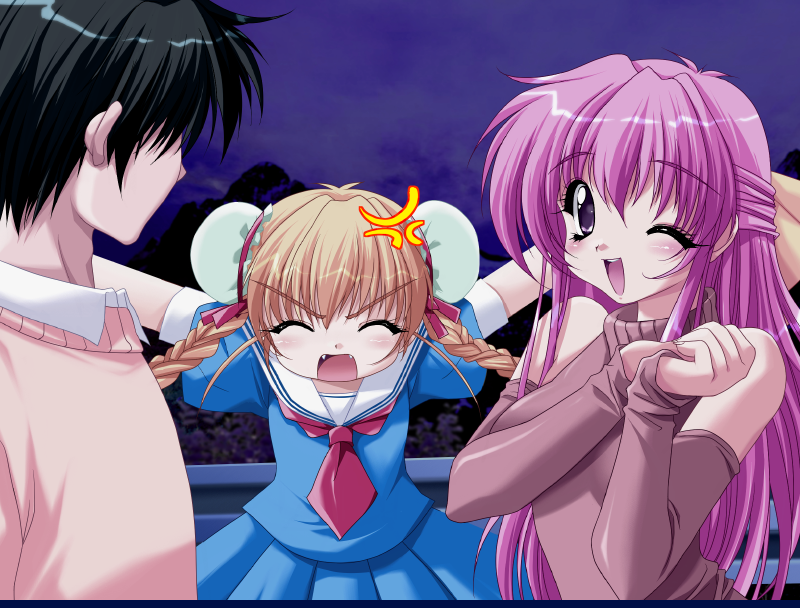 1boy, 2girls, anger_vein, blush, closed_eyes, downhill_night, emily_(pure_dream), fangs