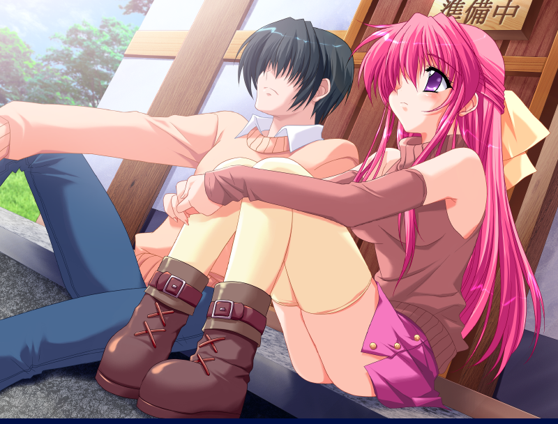 1boy, 1girl, blush, downhill_night, emily_(pure_dream), game_cg, hair_ribbon, konosaki_michi