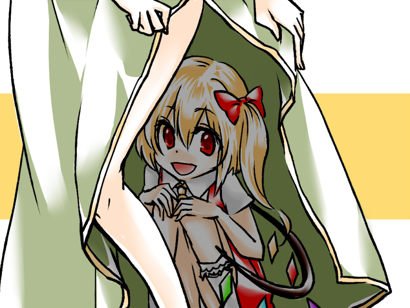 2girls, female_focus, flandre_scarlet, hong_meiling, hzmx, looking_at_viewer, multiple_girls, short_hair, side_ponytail, touhou, wings