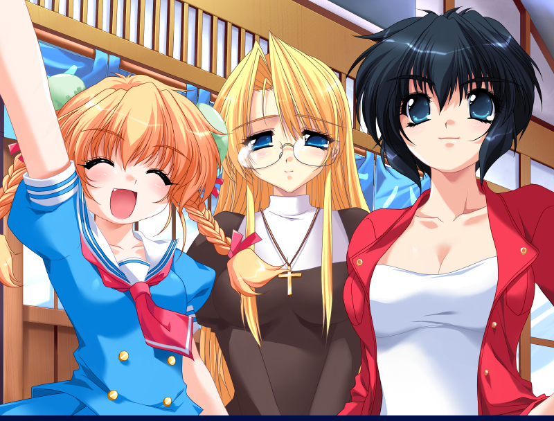 3girls, black_hair, blonde_hair, blue_eyes, blush, cross, daikokuya_kyouko, downhill_night, emily_(pure_dream), closed_eyes, fang, game_cg, kotosato_yuuna, multiple_girls, nun, short_hair, top_(company), twintails, yano_maria