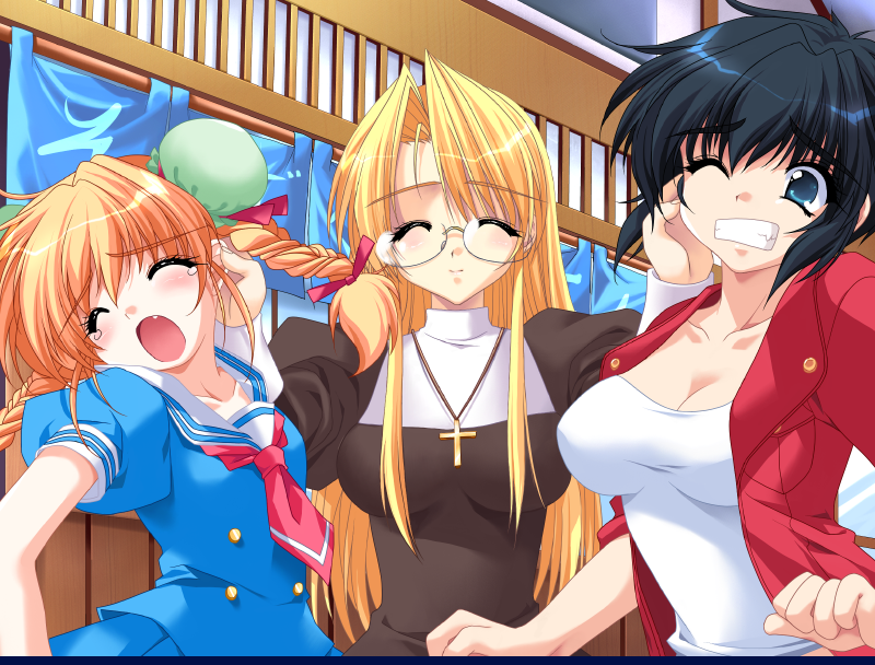 3girls, black_hair, blonde_hair, blue_eyes, blush, clenched_teeth, cross, daikokuya_kyouko, downhill_night, emily_(pure_dream), closed_eyes, fang, game_cg, kotosato_yuuna, multiple_girls, nun, short_hair, teeth, top_(company), twintails, wince, yano_maria