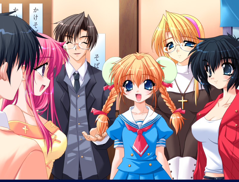 2boys, 4girls, black_hair, blonde_hair, blue_eyes, blush, cross, daikokuya_kyouko