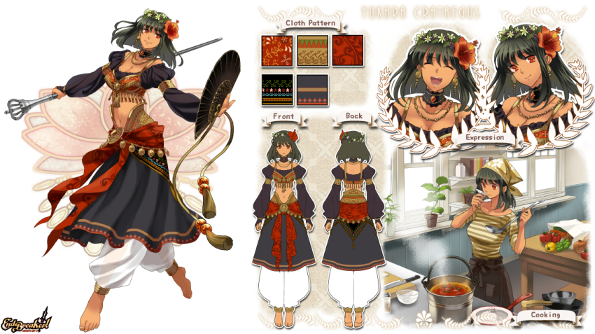 1girl, anklet, barefoot, bell_pepper, brown_hair, reference_sheet, choker, cooking, dark_skin, earrings, end_breaker!, multiple_expressions, feet, flower, gypsy, hair_flower, hair_ornament, hand_fan, happy, harem_pants, jewelry, kitchen, midriff, multiple_views, navel, necklace, non-web_source, pants, plant, potted_plant, red_eyes, skirt, smile, staff, tomato, turnaround