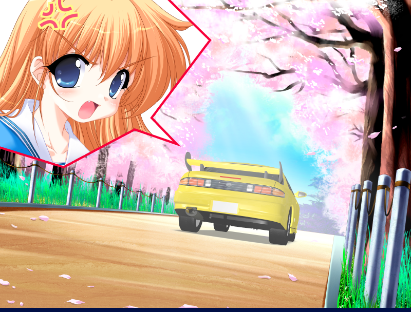1girl, anger_vein, blonde_hair, blue_eyes, car, downhill_night, emily_(pure_dream), game_cg