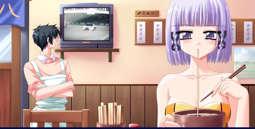 1girl, bowl, chopsticks, downhill_night, emily_(pure_dream), food, game_cg, lily_tail, noodles, purple_eyes, purple_hair, short_hair, television, top_(company)
