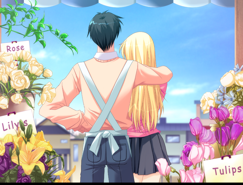 1boy, 1girl, blonde_hair, downhill_night, emily_(pure_dream), flower, long_hair, top_(company)