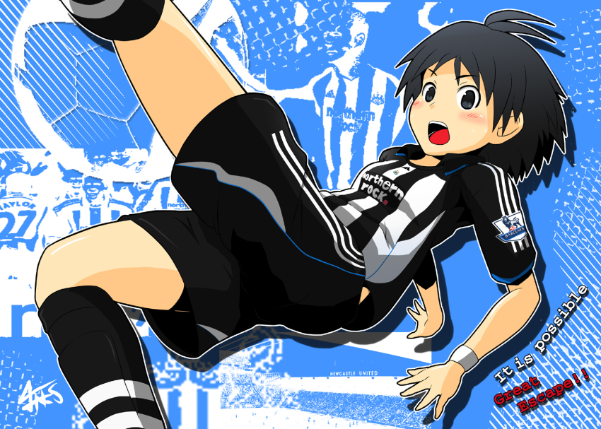 1girl, ahoge, bad_id, bad_pixiv_id, barclays_premier_league, black_hair, blush, idolmaster, idolmaster_(classic), kicking, kikuchi_makoto, kneehighs, newcastle_united_fc, open_mouth, short_hair, shorts, soccer, soccer_uniform, socks, sportswear, striped, taka_shida, wristband